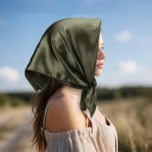 Women's Blackish Silk Feeling Scarf 23.6'' Square Satin Scarf Neck Head Bandana - Picture 4 of 7